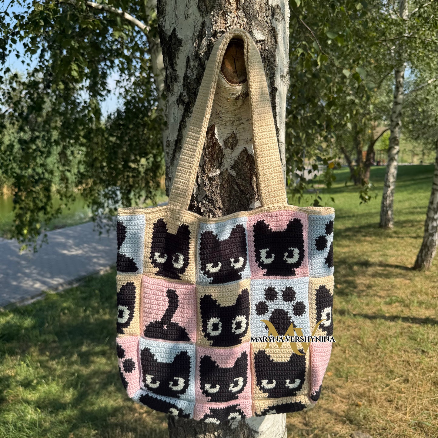 Black cat squares tote bag crochet pattern