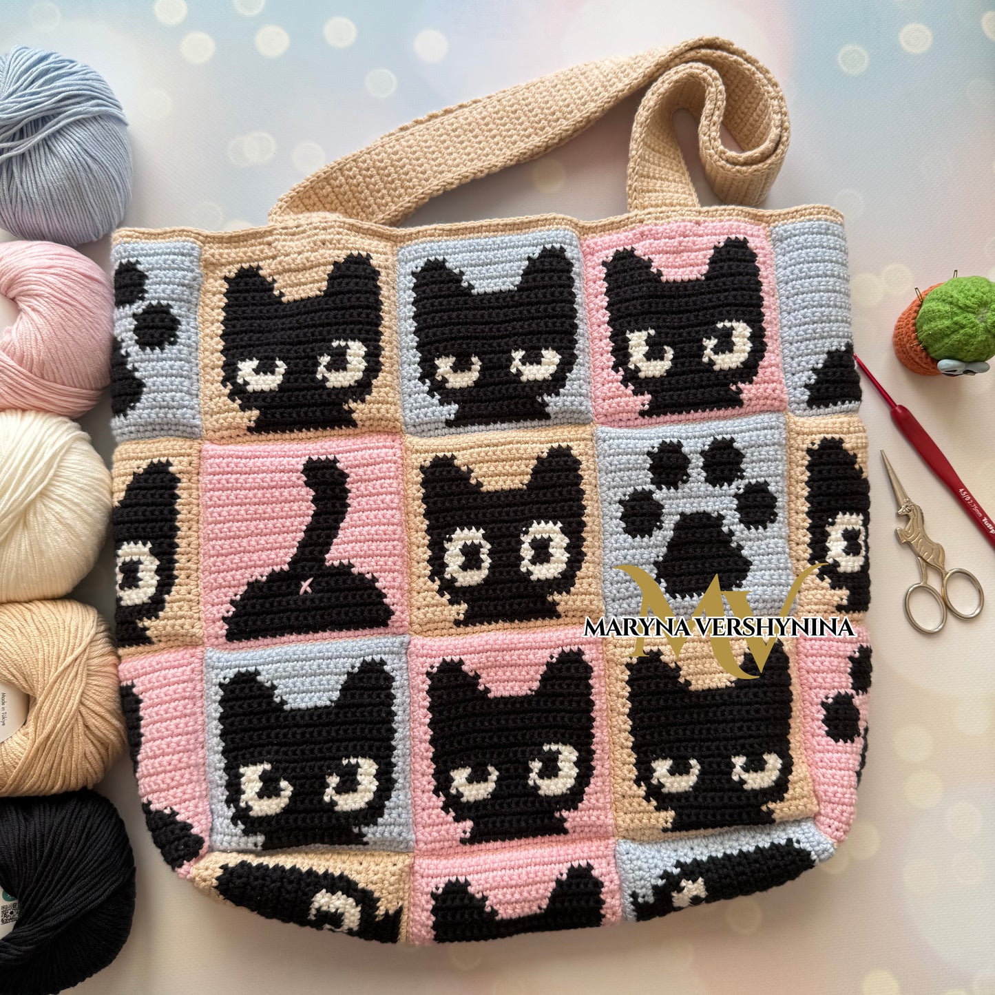 Black cat squares tote bag crochet pattern