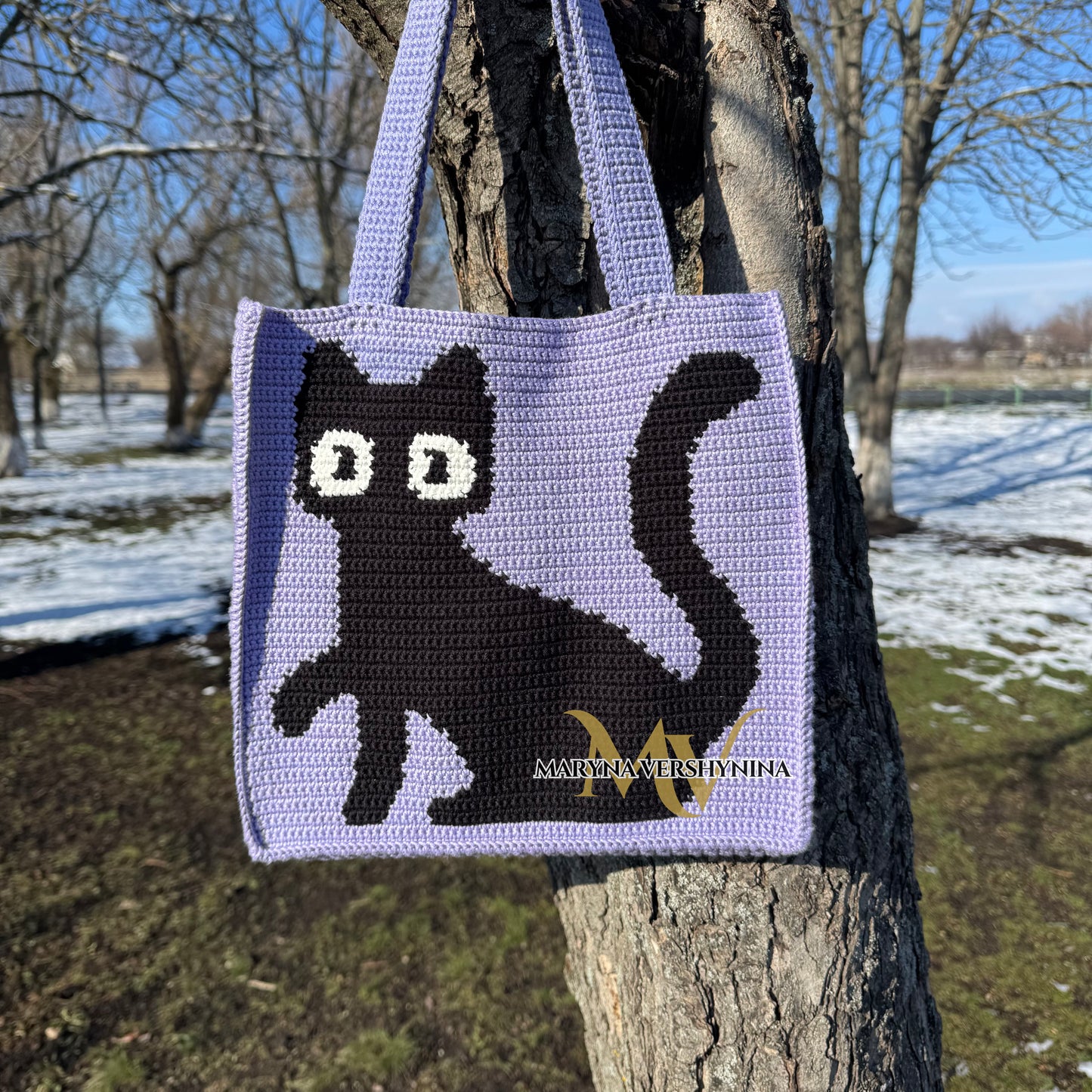 Black Cat on Purple Bag Crochet Pattern