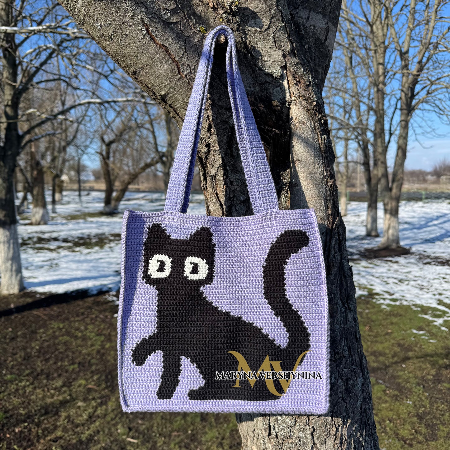 Black Cat on Purple Bag Crochet Pattern