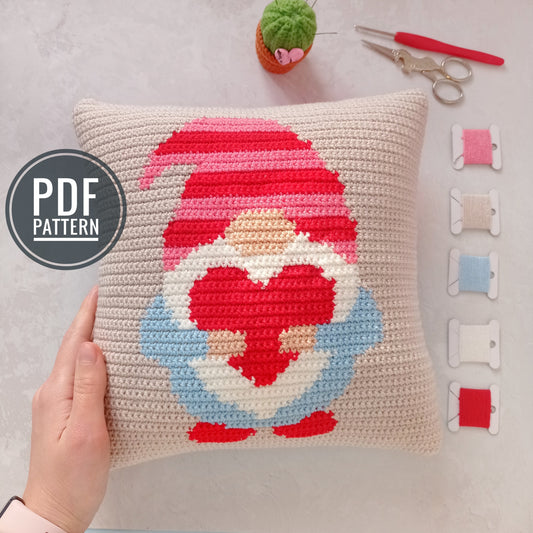 Gnome with heart Crochet pillow pattern