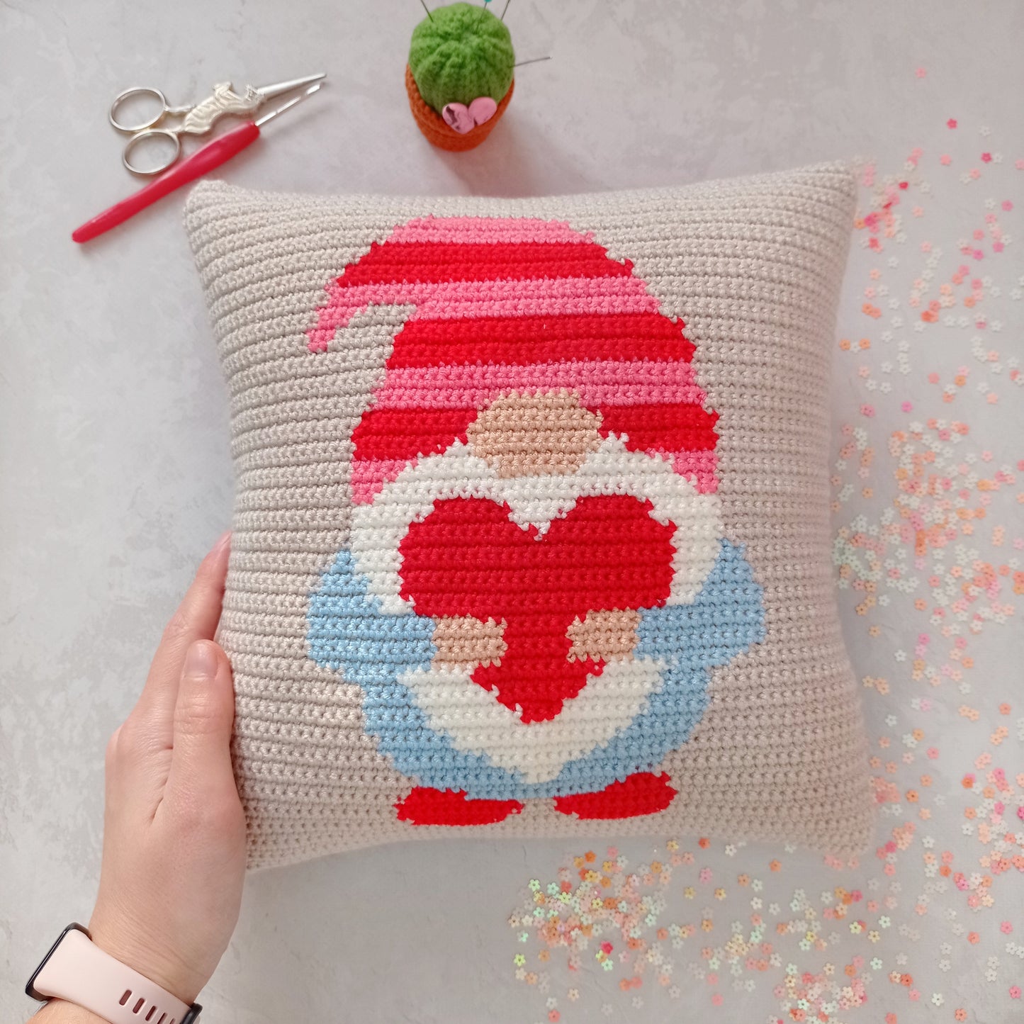 Gnome with heart Crochet pillow pattern