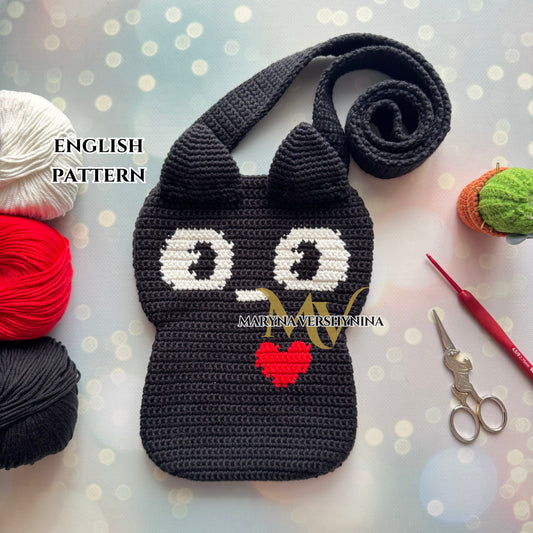 Cute black cat with heart Bag Crochet Pattern