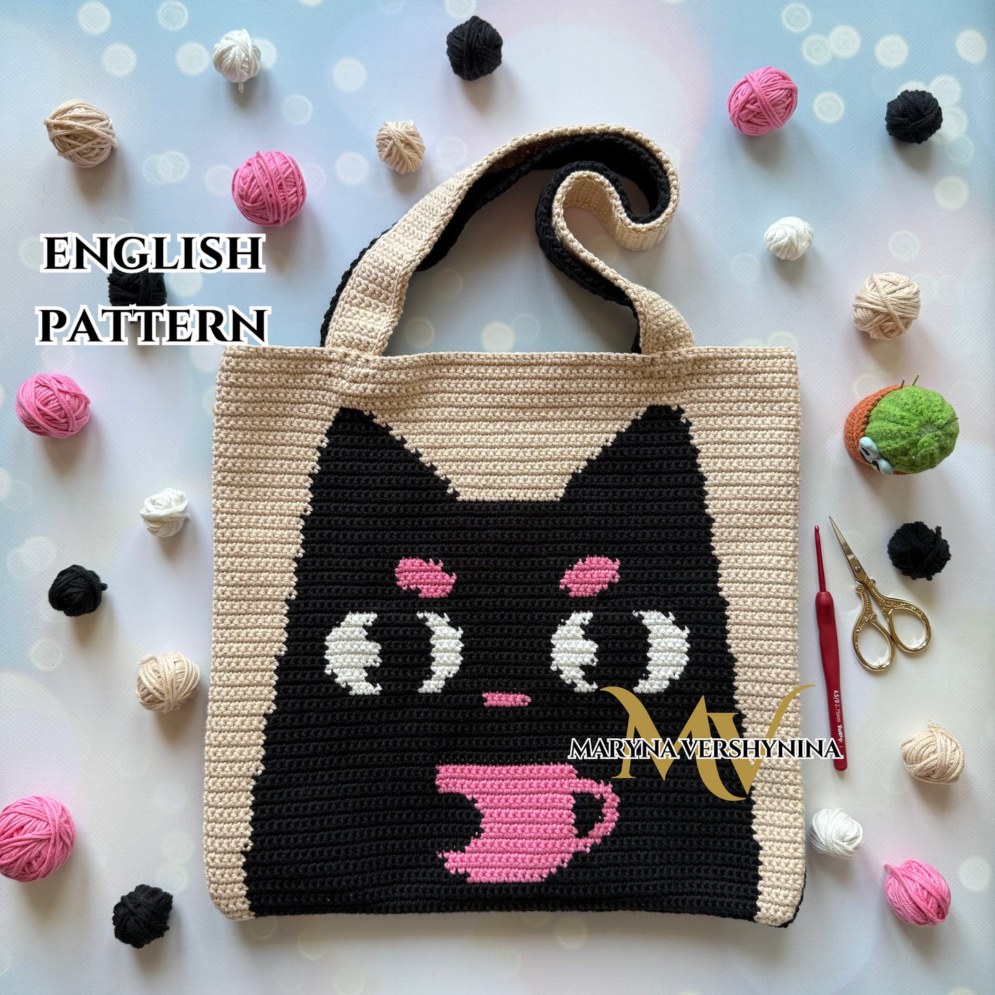 Black cat with a cup Bag Crochet pattern