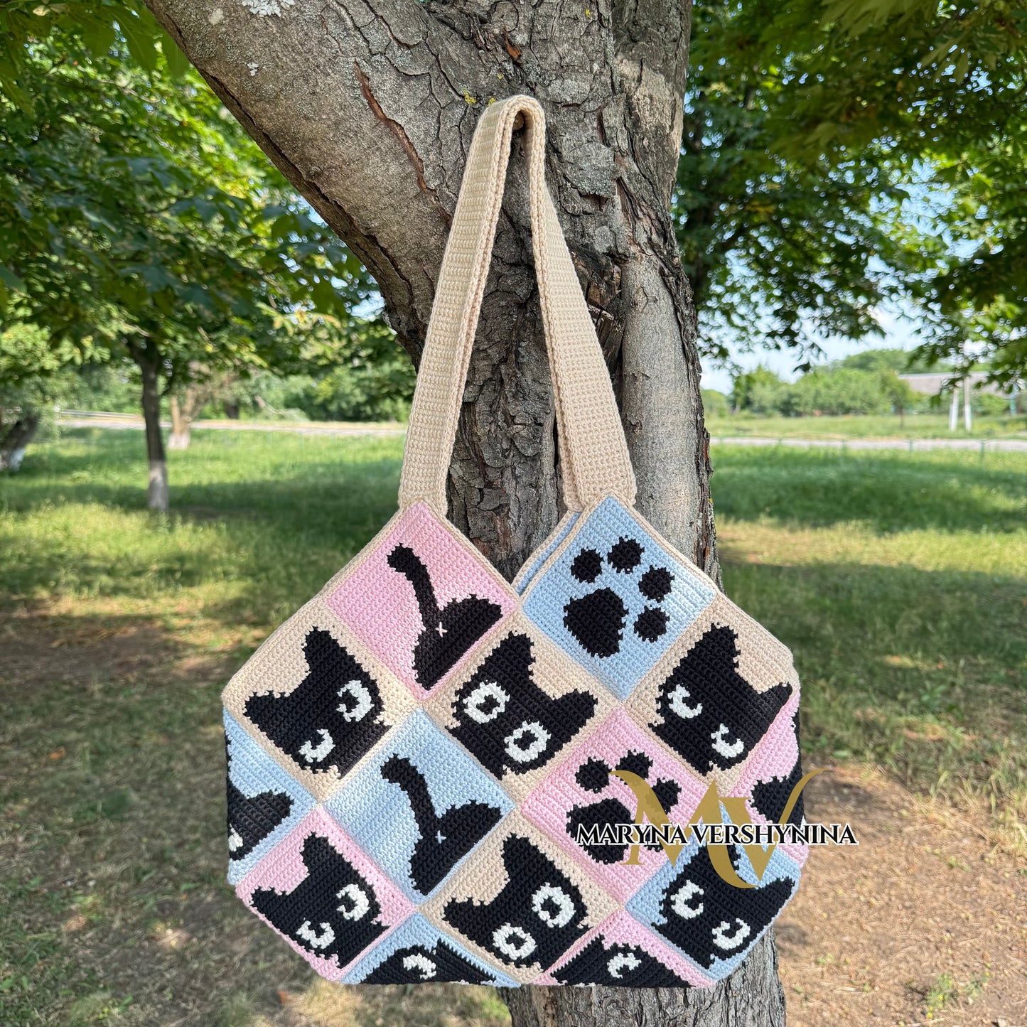 Cat squares tote bag crochet pattern