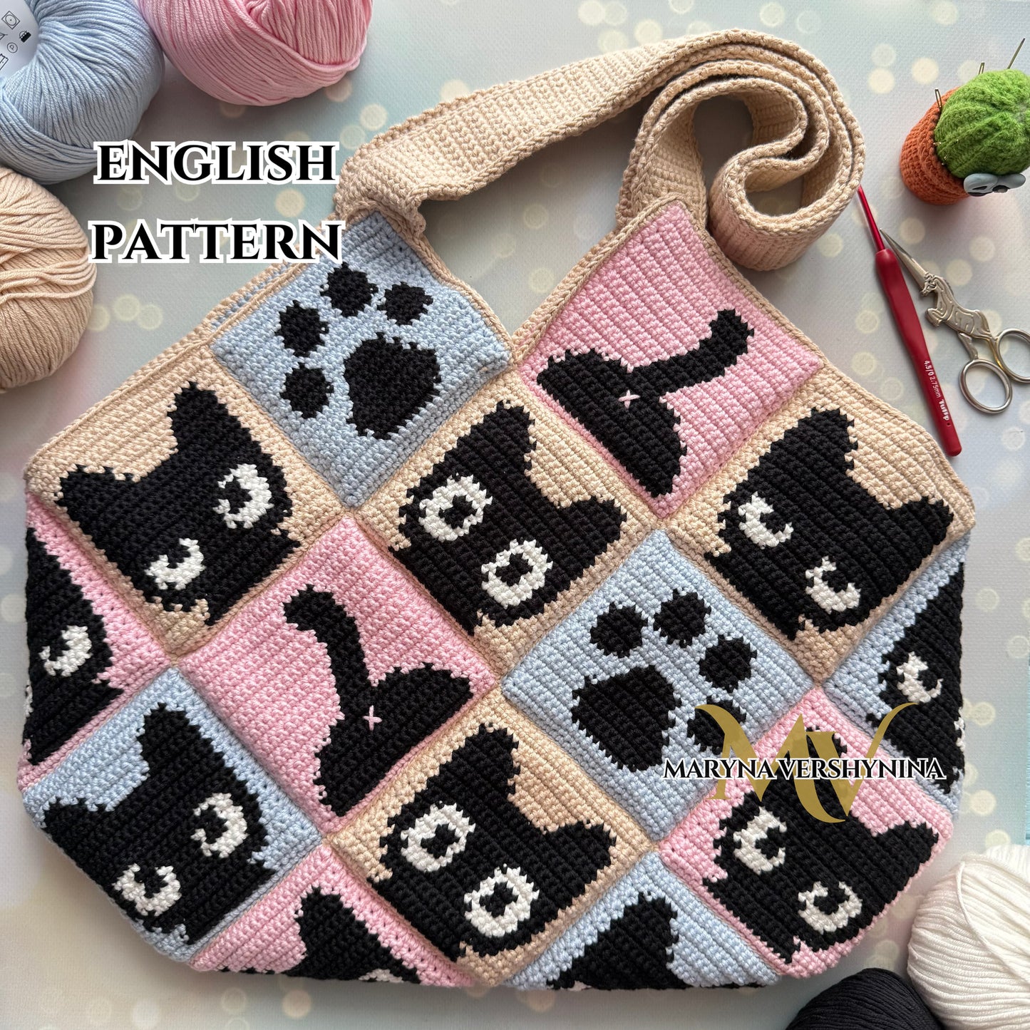 Cat squares tote bag crochet pattern