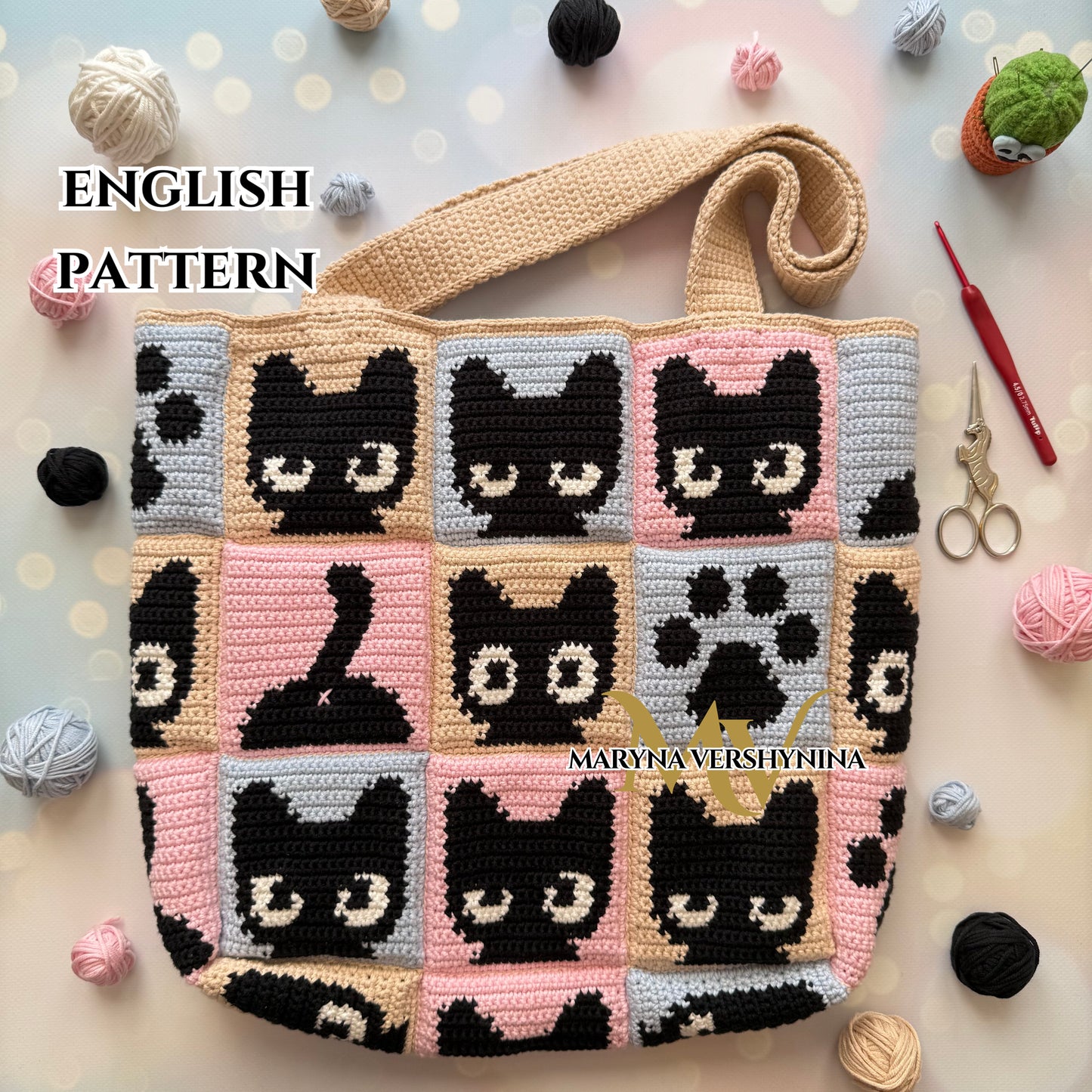 Black cat squares tote bag crochet pattern