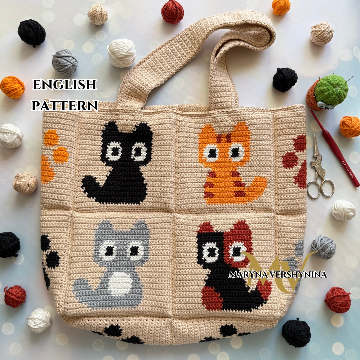 Cute cats and paws bag crochet pattern